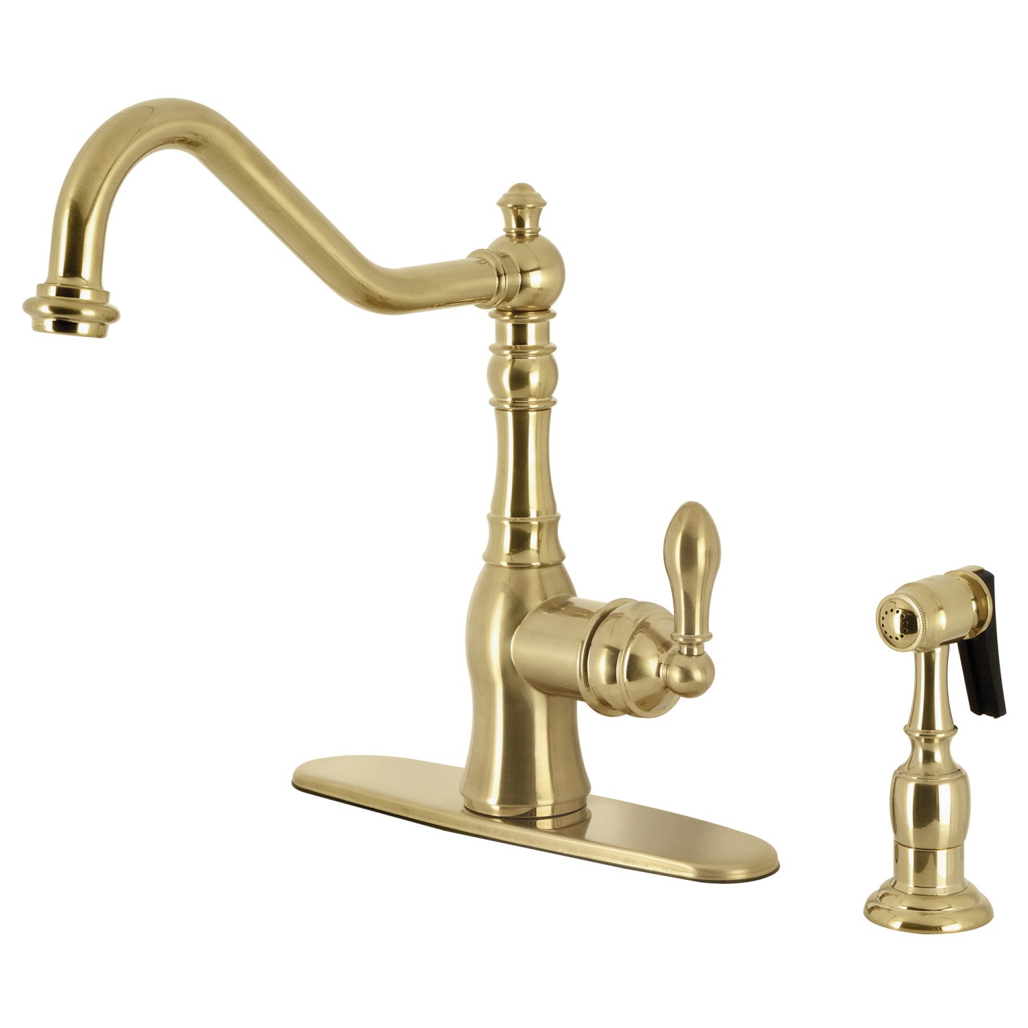 Kingston Heirloom GSY7707ACLBS - American Classic Single-Handle 2-or-4 Hole Deck Mount Kitchen Faucet with Brass Side Sprayer, Brushed Brass — image 1